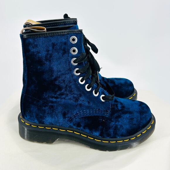 New Dr. Martens Blue Velvet Lace-Up Combat Boots - Picture 2 of 10